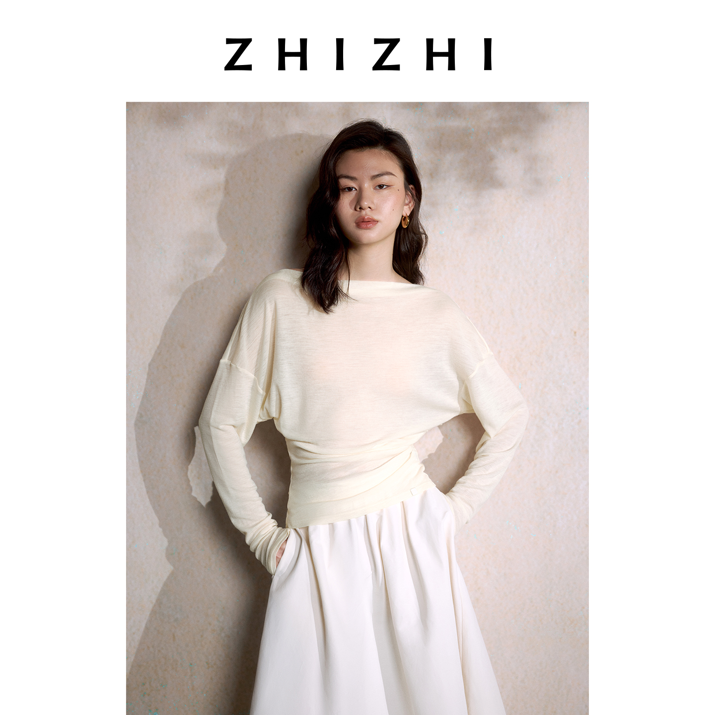 致知 花幕暗 全羊毛针织斜肩T恤25年秋季新款一字领ZZ2EAWT1001