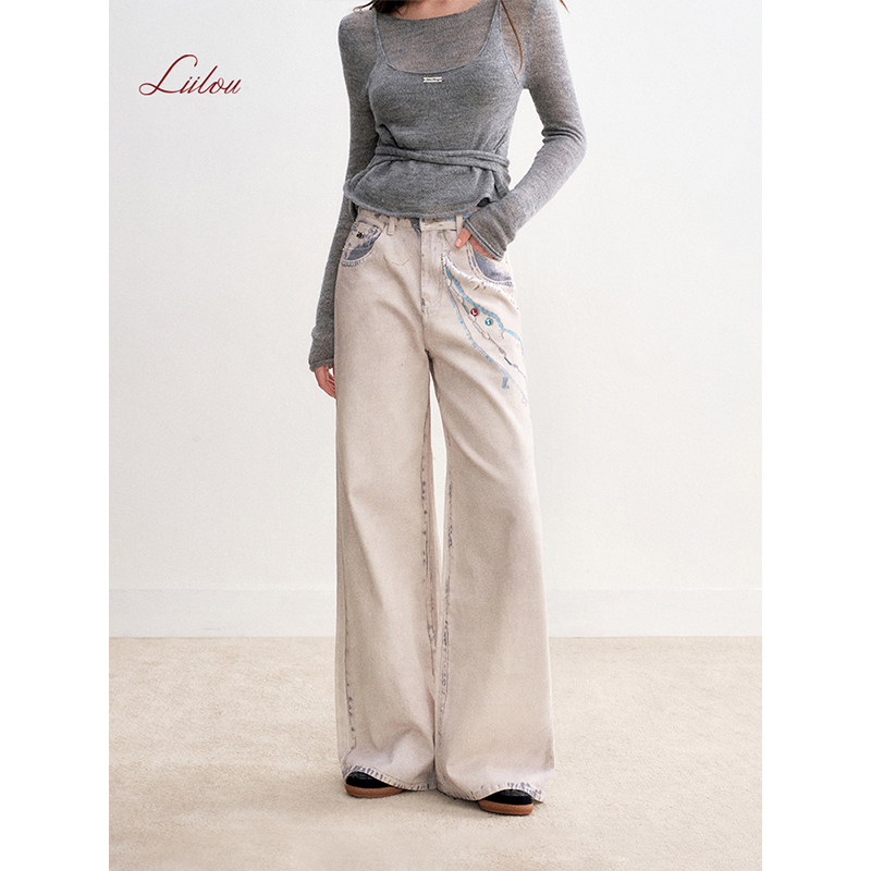 Liilou 25aw 趣味松弛 链条印花 100%棉定位腰链印花阔腿牛仔裤