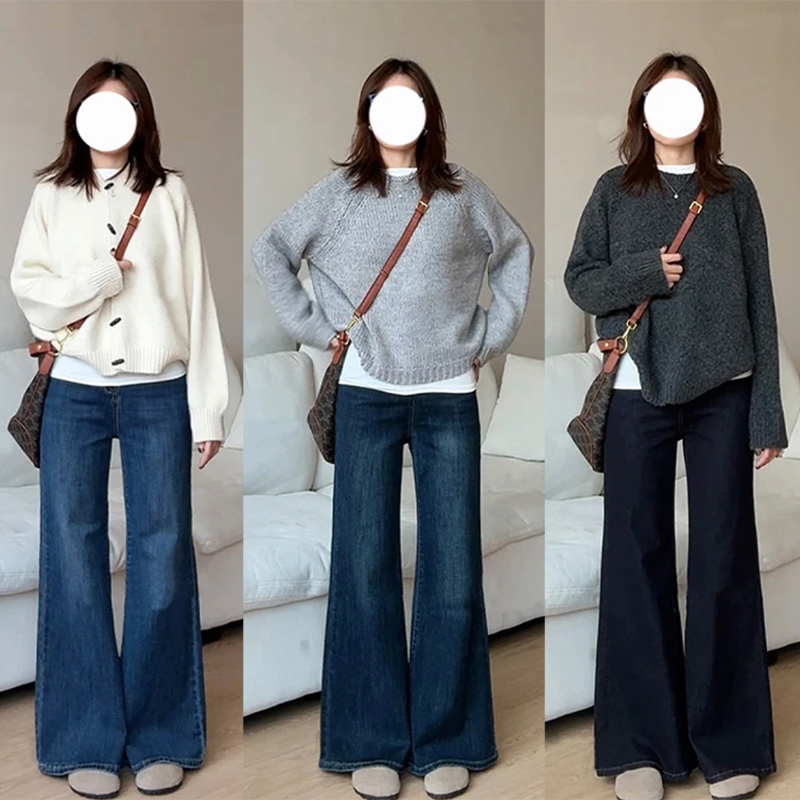 不贴腿直筒微喇牛仔裤女秋季新款梨形身材高腰弹力垂感阔腿喇叭裤