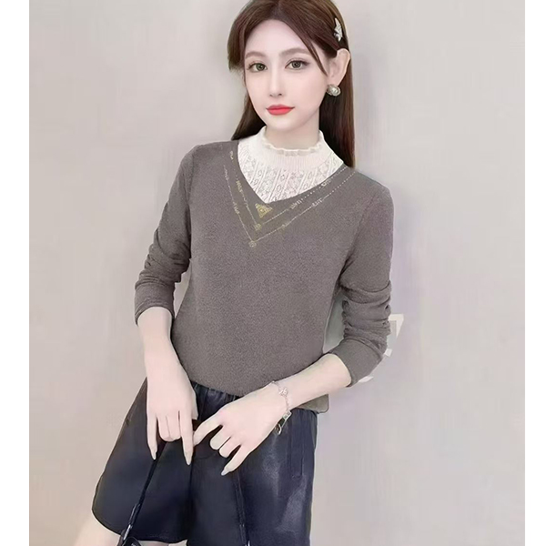 2025年秋季洋气时尚蕾丝拼接款长袖上衣女气质修身百搭打底衫