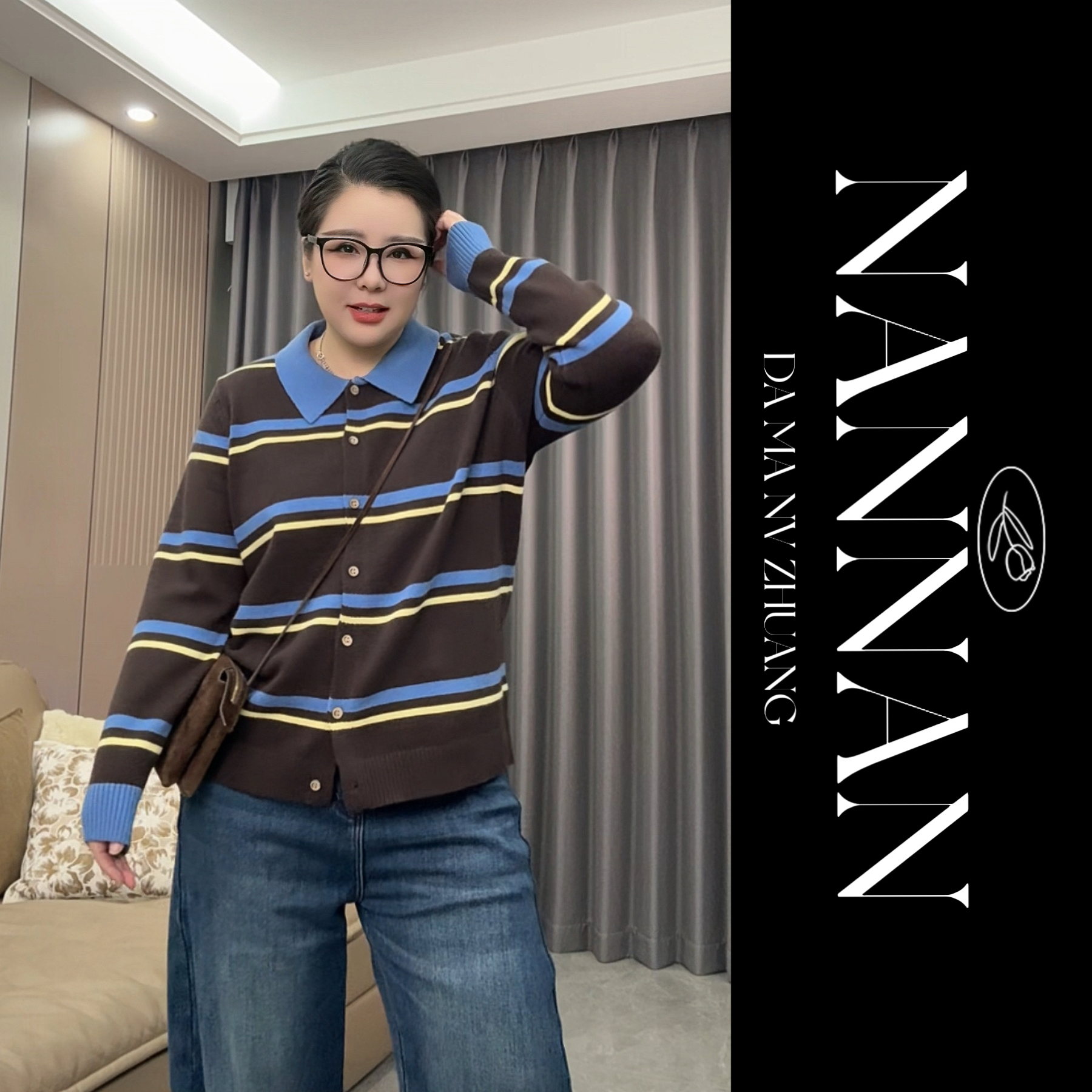 【楠楠推荐】针织开衫撞色百搭条纹女长袖上衣翻领毛针织衫C8249