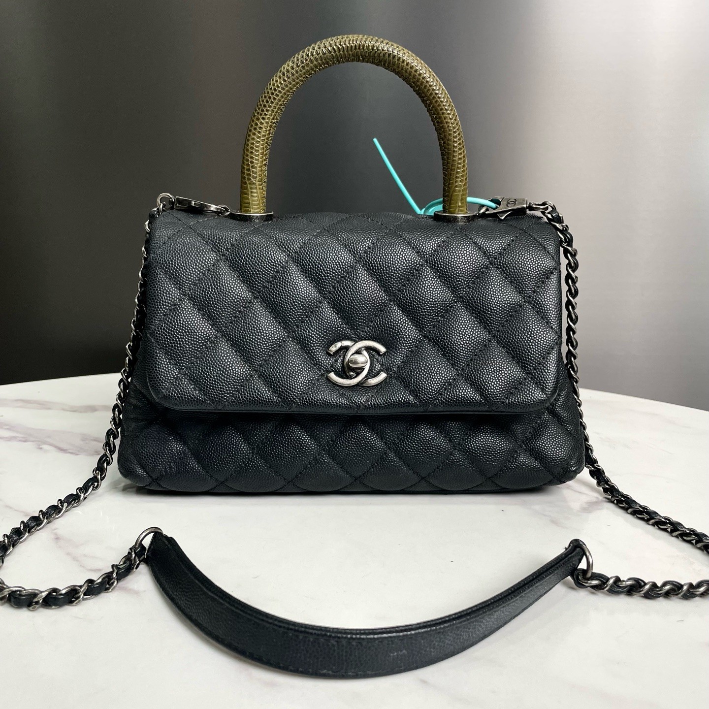 95新 Chanel/香奈儿 CoCo Handle 小号黑色银扣格手提包16466157
