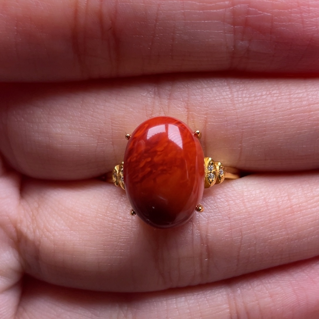 南红玛瑙银S925镶嵌珠宝奇石女戒