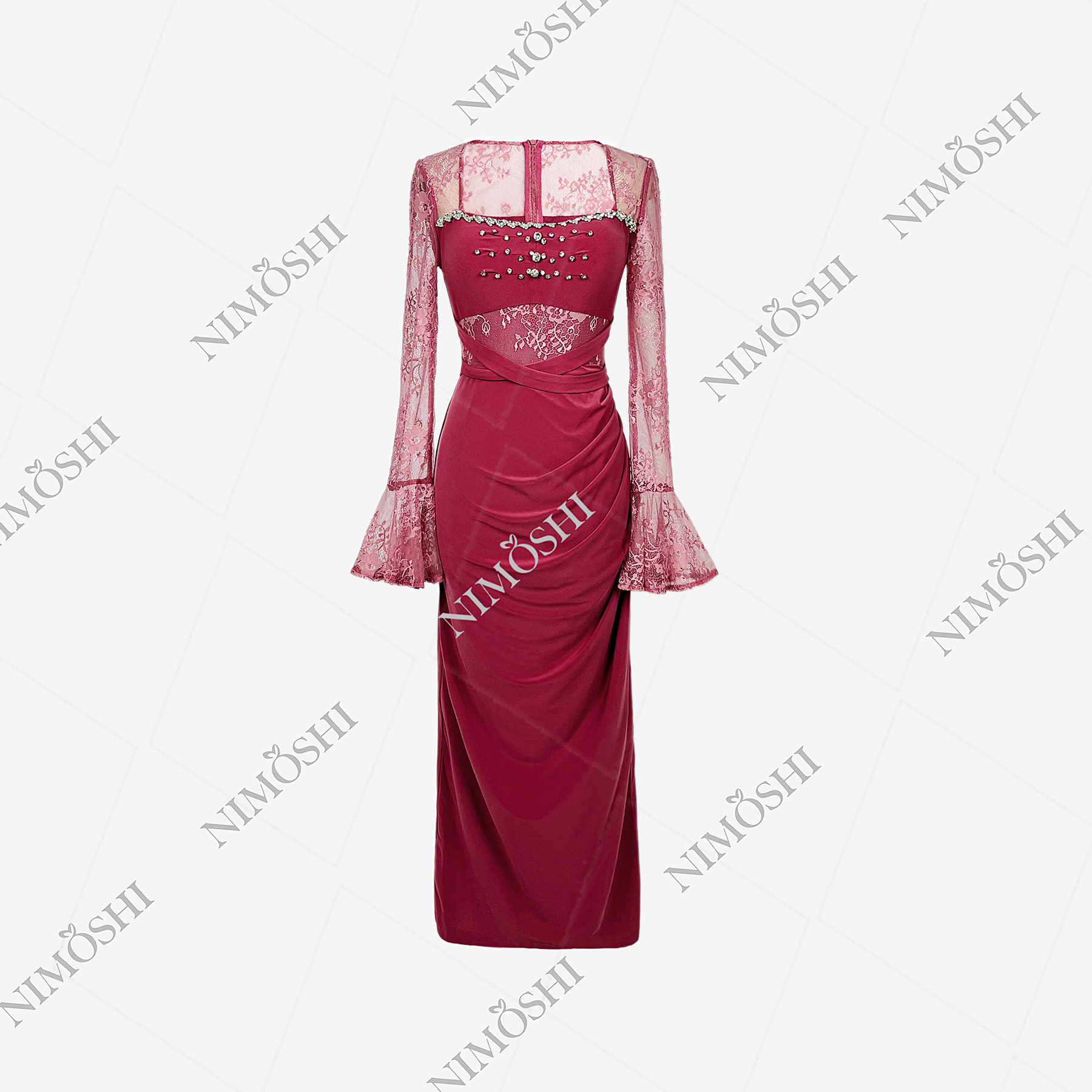 NIMðSHI【莎莎】韩系轻奢圆领镶钻喇叭袖气质显瘦款连衣裙女Q1193