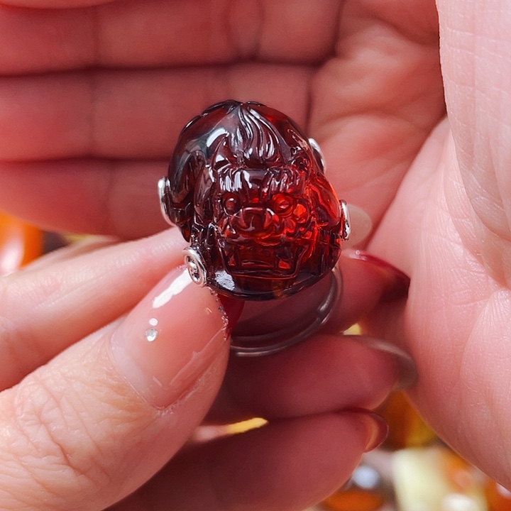 琥珀戒指银S925镶嵌戒指