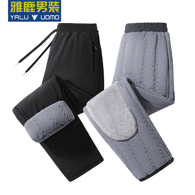 雅鹿男装男士冬季宽松棉裤中老年长裤多口袋纯色加绒加厚男装棉裤