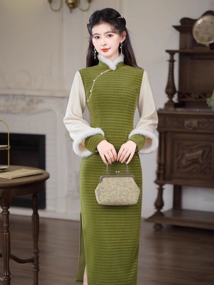 〖绿色拼接袖〗TMY不加绒网红气质中国风苏州旗袍