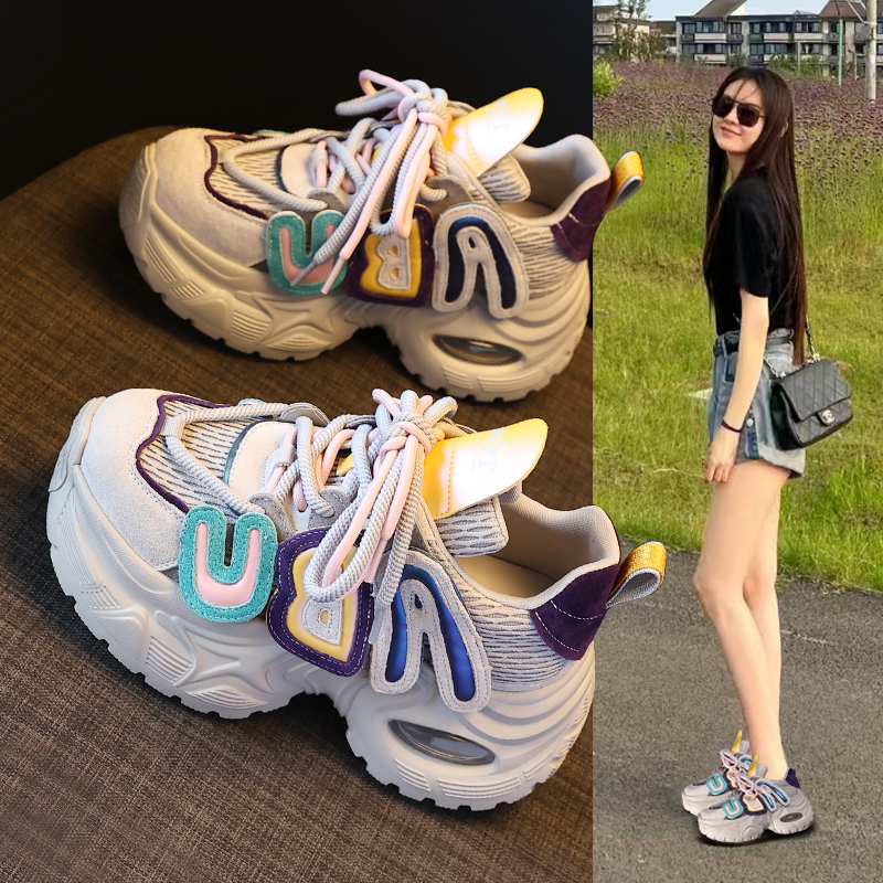 HT9806-1厚底内增高网红爆款真皮老爹鞋女2025秋季新款运动休闲鞋