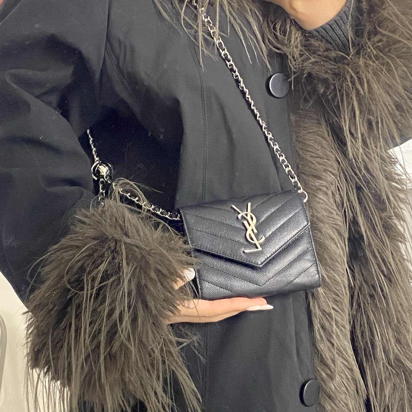 95新 YSL/圣罗兰 黑银小号信封卡包