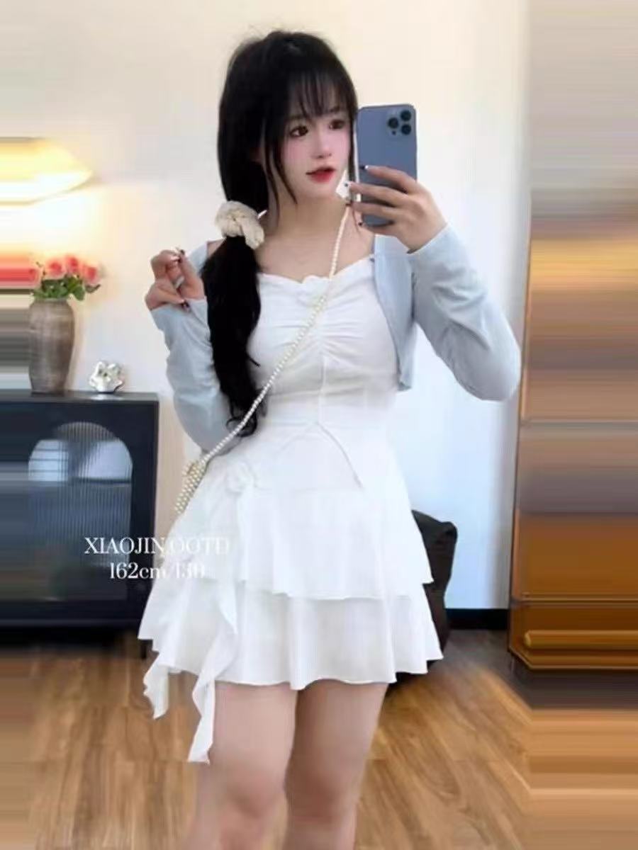 【暗调玫瑰】微胖mm纯欲风显瘦立体花朵挂脖吊带背心蛋糕裙两件套