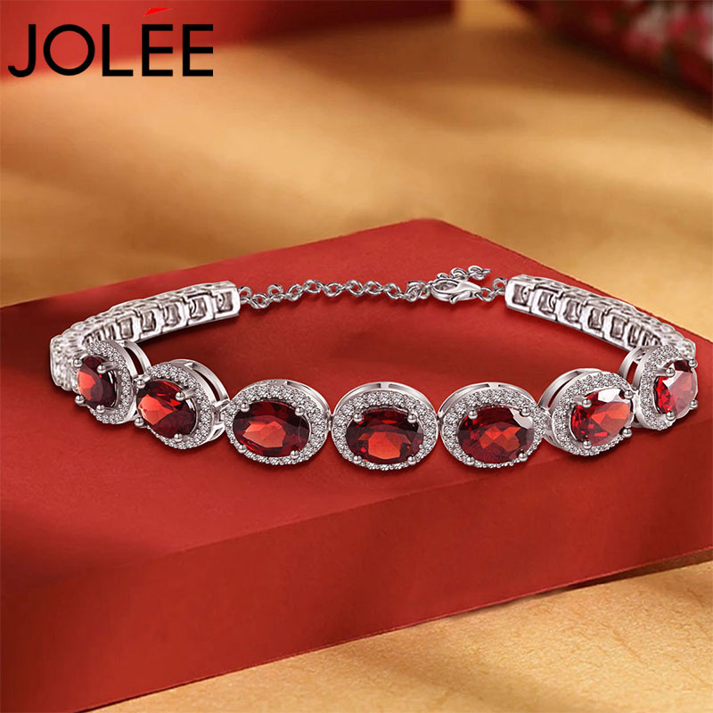 Jolee手链女S925银石榴石手镯彩宝石首饰品可调节送女生节日礼物