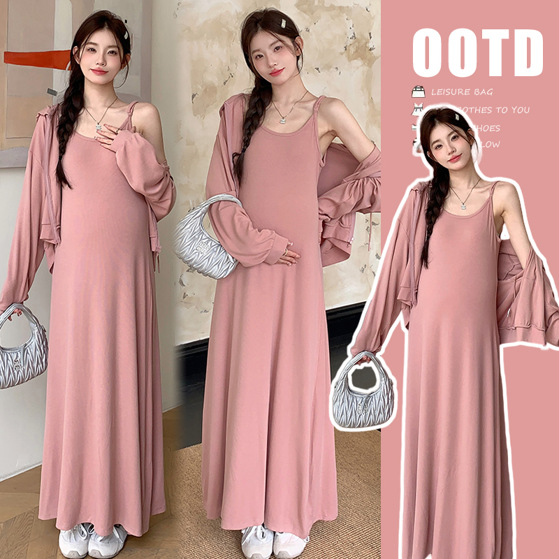 【晚媛若】2025春秋新款孕妇韩版时尚慵懒长袖连帽卫衣吊带裙两件套