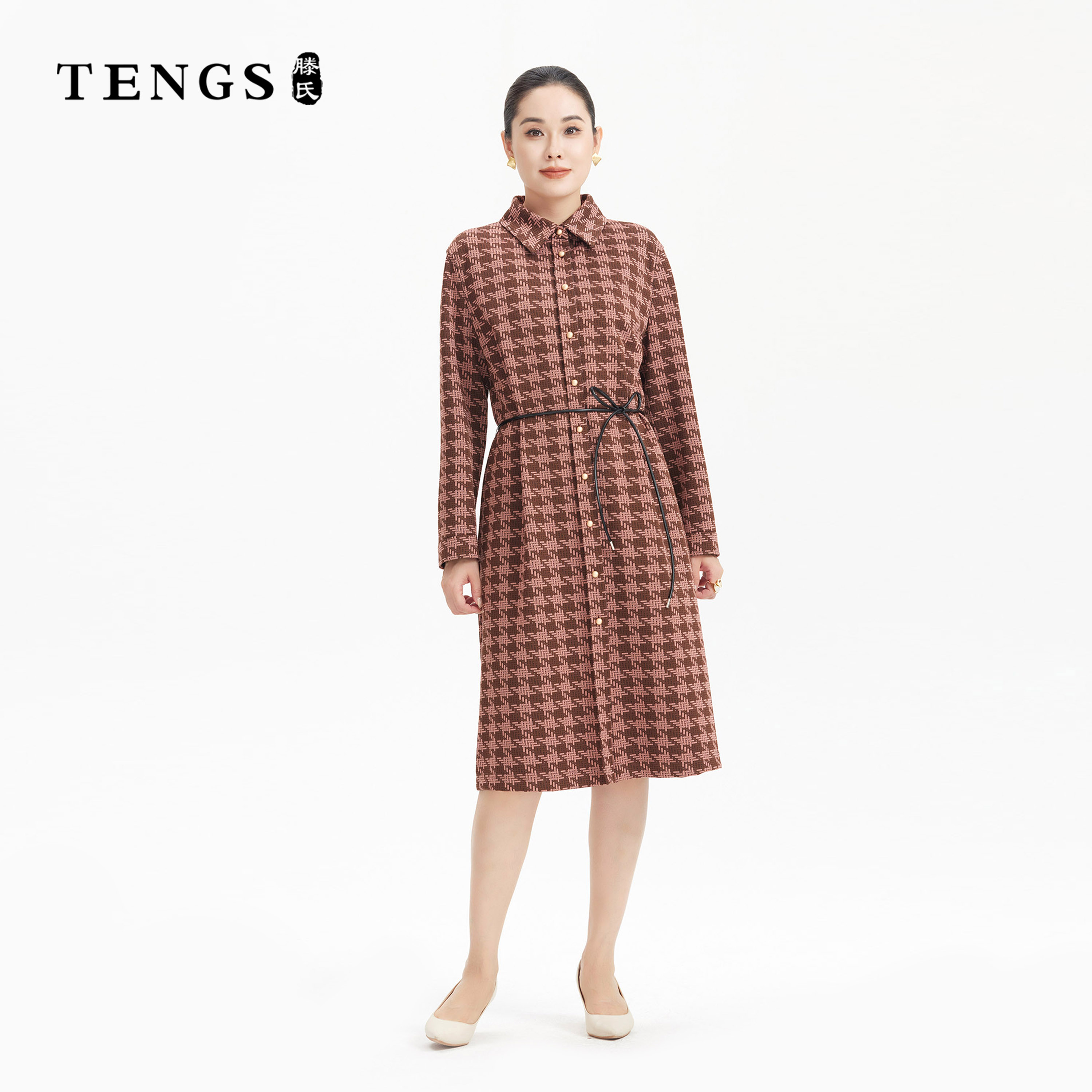 TENGS滕氏女装秋冬新款经典舒适色织千鸟格纹衬衫式连衣裙