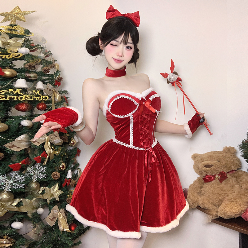  圣诞节服装cos兔女郎制服抹胸裙子红色圣诞主题可爱显瘦氛围