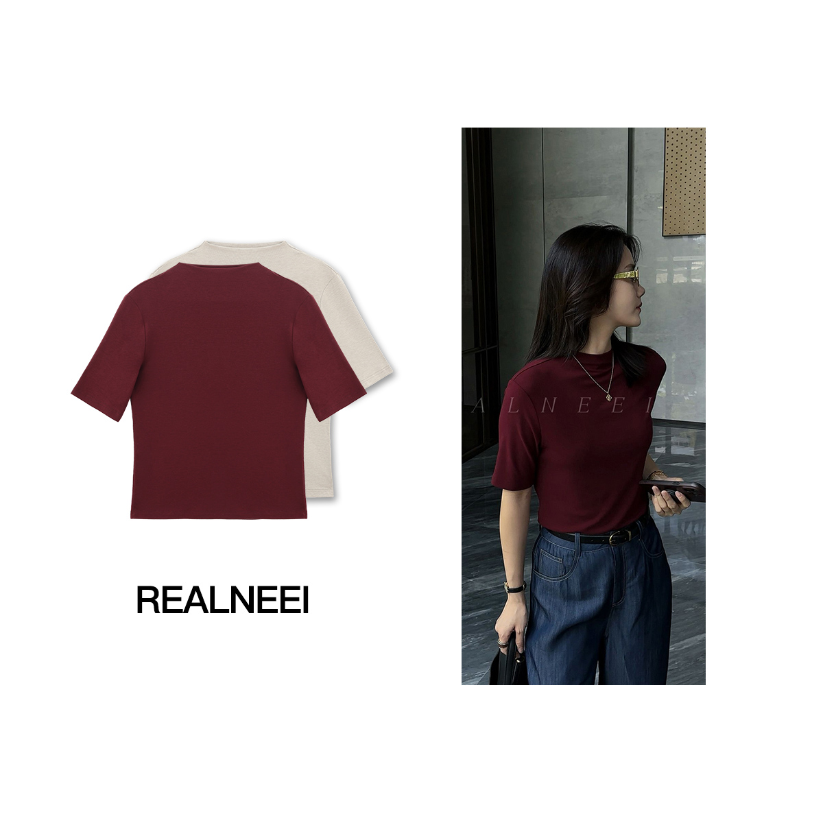 REALNEEI【瘦瘦衫】极简超细羊毛天丝半高领 轻薄不热短袖T恤22710