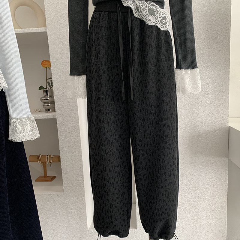 欧玛莱豹纹加绒阔腿裤女2025年冬季韩版宽松百搭直筒休闲裤5923