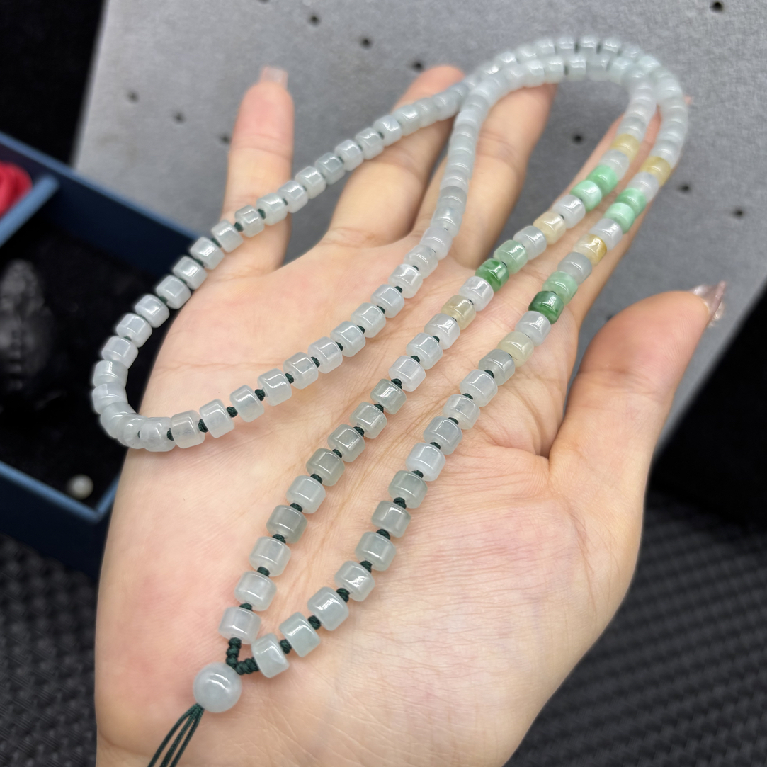 高档天然缅甸A货翡翠白冰种5mm玉石挂件绳毛衣链长链时尚百搭