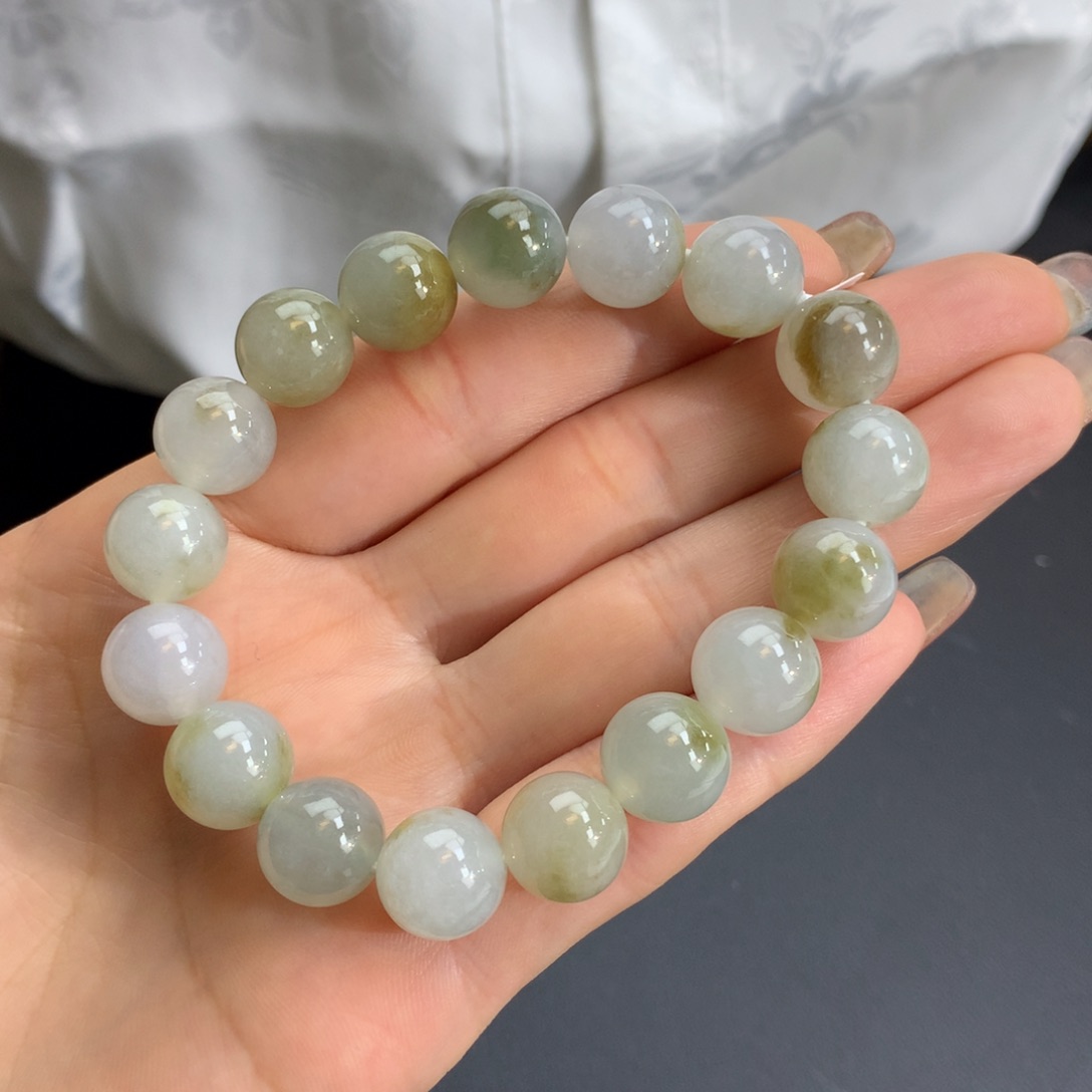 翡翠手链未镶嵌冰胶晴底飘黄翡手链卡12m m