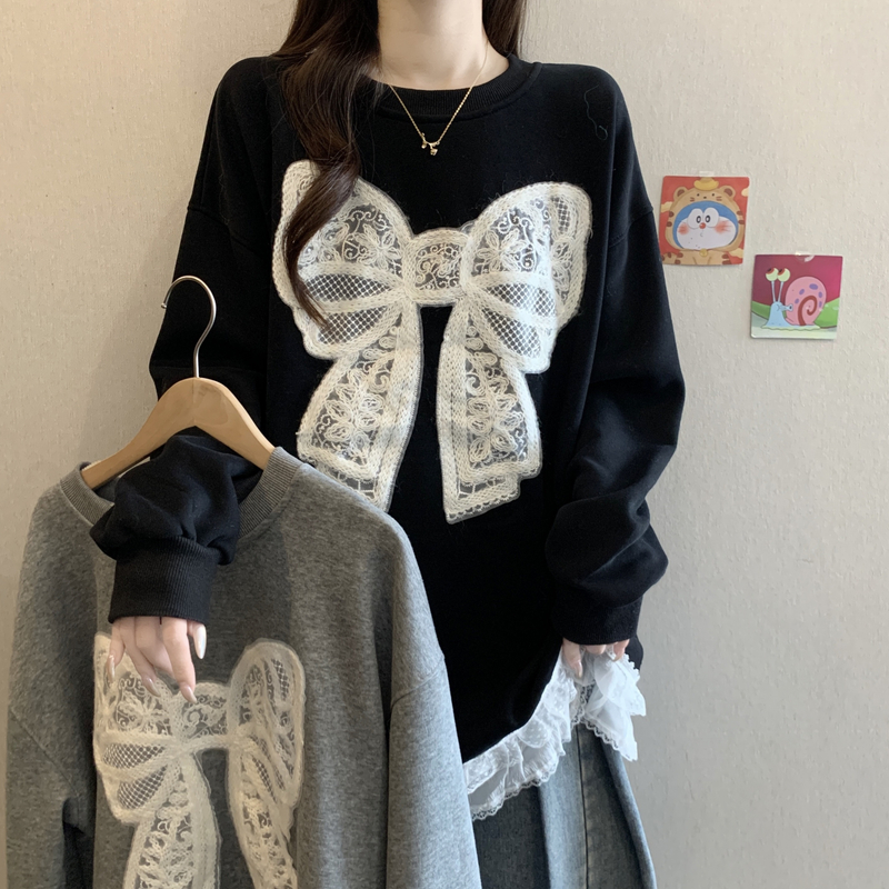 大码女装钩花边蝴蝶结圆领T恤女秋冬宽松时尚宽松中长版长袖上