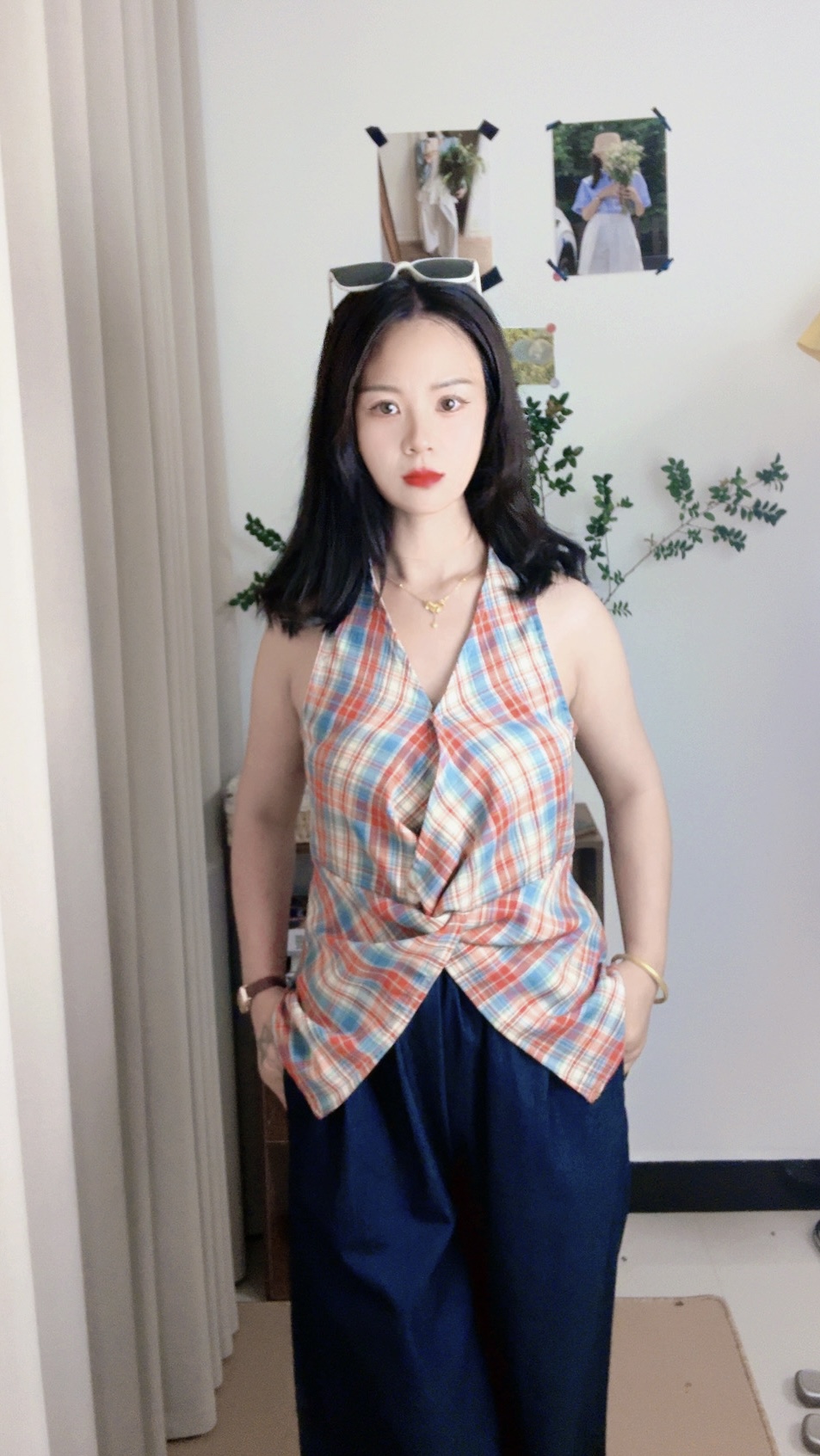 夏季时尚复古气质设计感扭结格子背心上衣+休闲阔腿裤两件套装