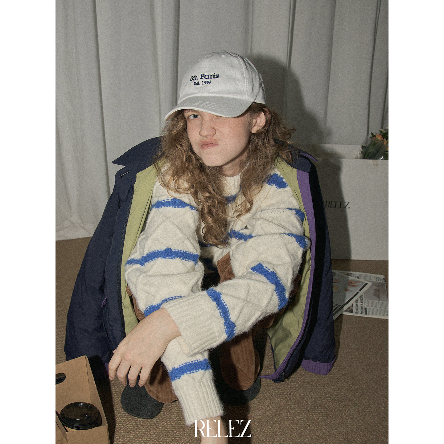 relez 复古撞色菱格圆领毛衣女秋冬新款设计感休闲慵懒简约针织衫