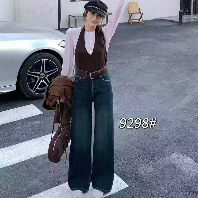 9298复古蓝加绒直筒牛仔裤女冬季高腰显瘦垂感弹力拖地裤配腰带