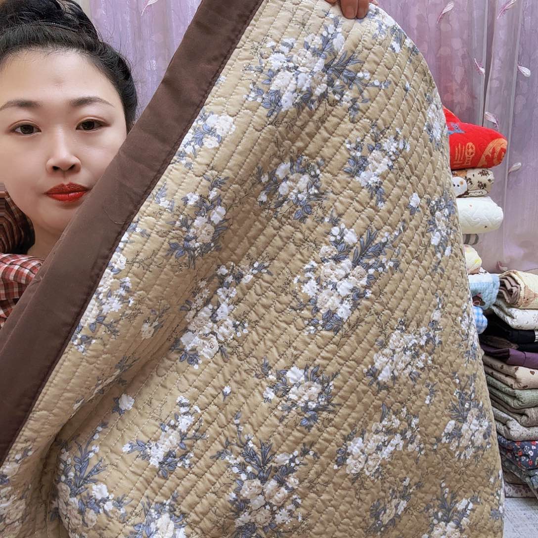 水洗布孤品微瑕1.5米×2.2米卡其色大花床盖