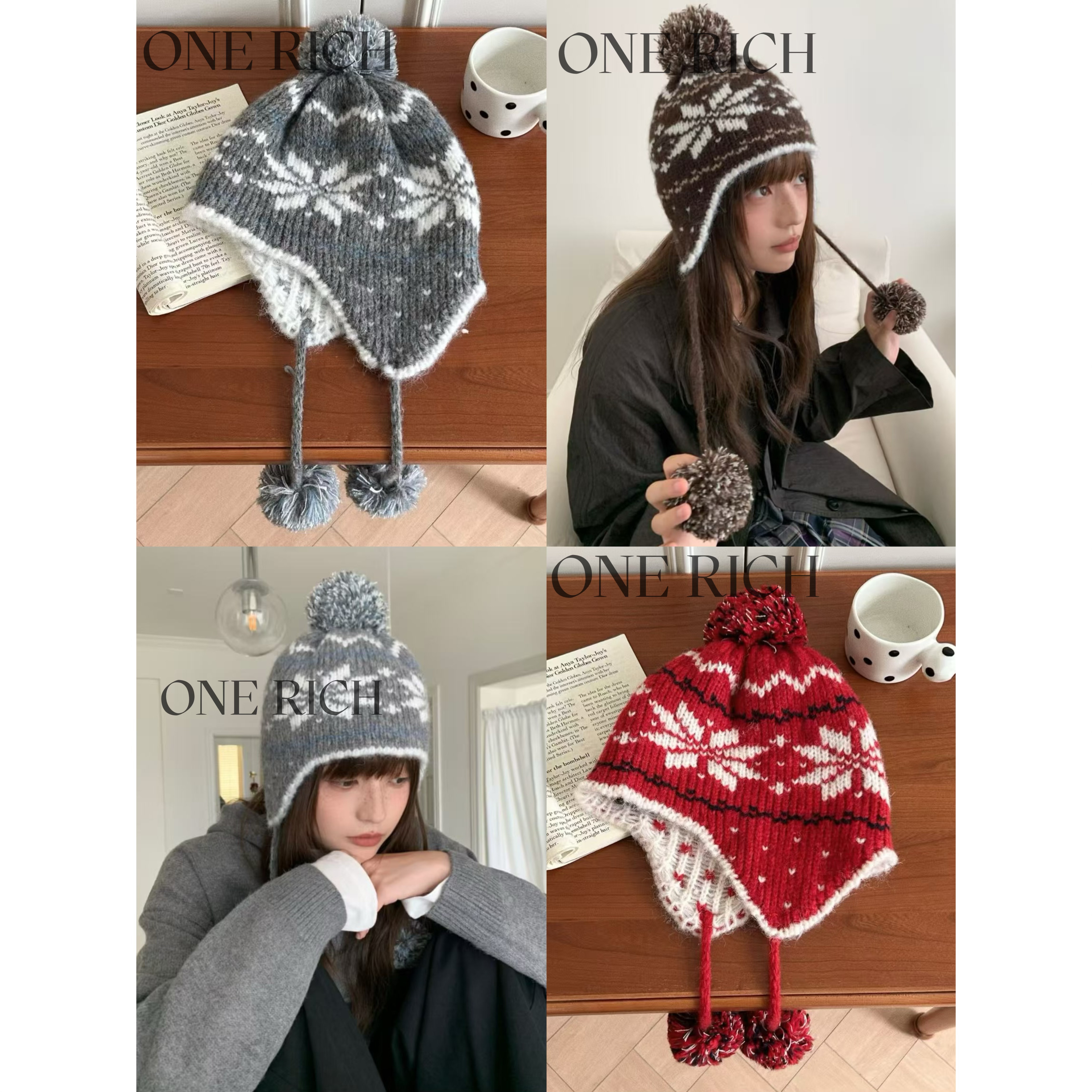 ONE RICH雪花图案复古针织毛球护耳毛线雷锋帽