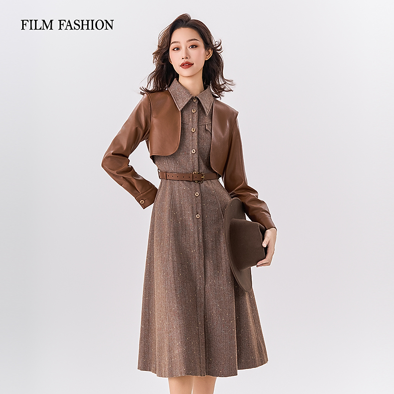 【芊芊专属】秋季新款皮革拼接连衣裙套装显瘦裙子女 FFRL134393