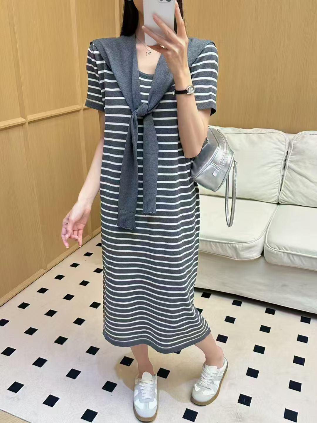 冰丝条纹显瘦披肩设计直筒短袖裙子
