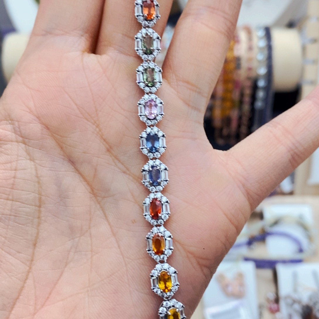 彩色蓝宝石手链银S925镶嵌