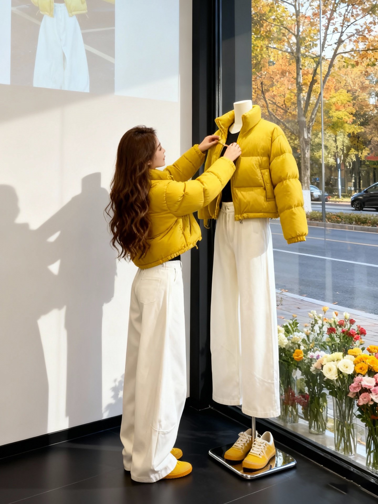 韩系一整套深冬穿搭多巴胺黄色立领棉服外套阔腿裤套装女2025冬季