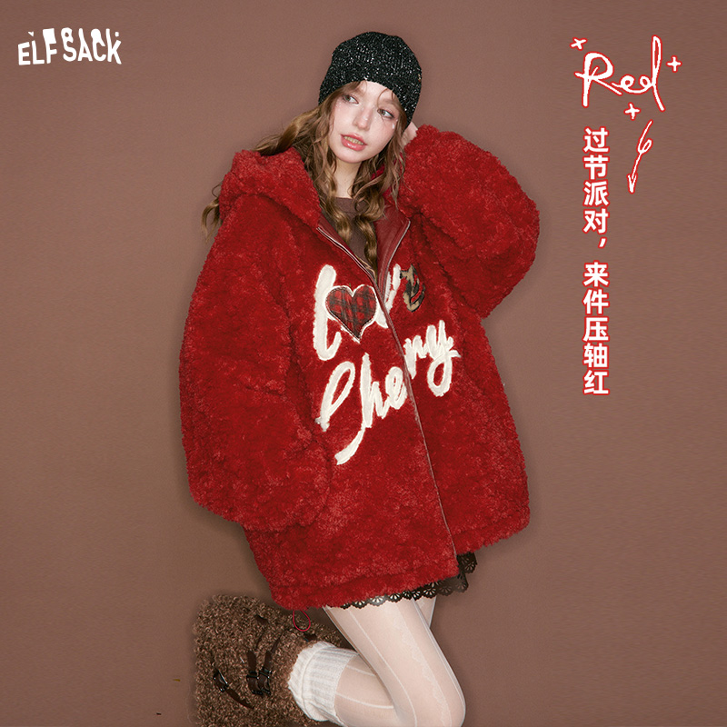 妖精的口袋毛绒绒连帽短毛呢外套女冬圣诞穿搭红色上衣25404041