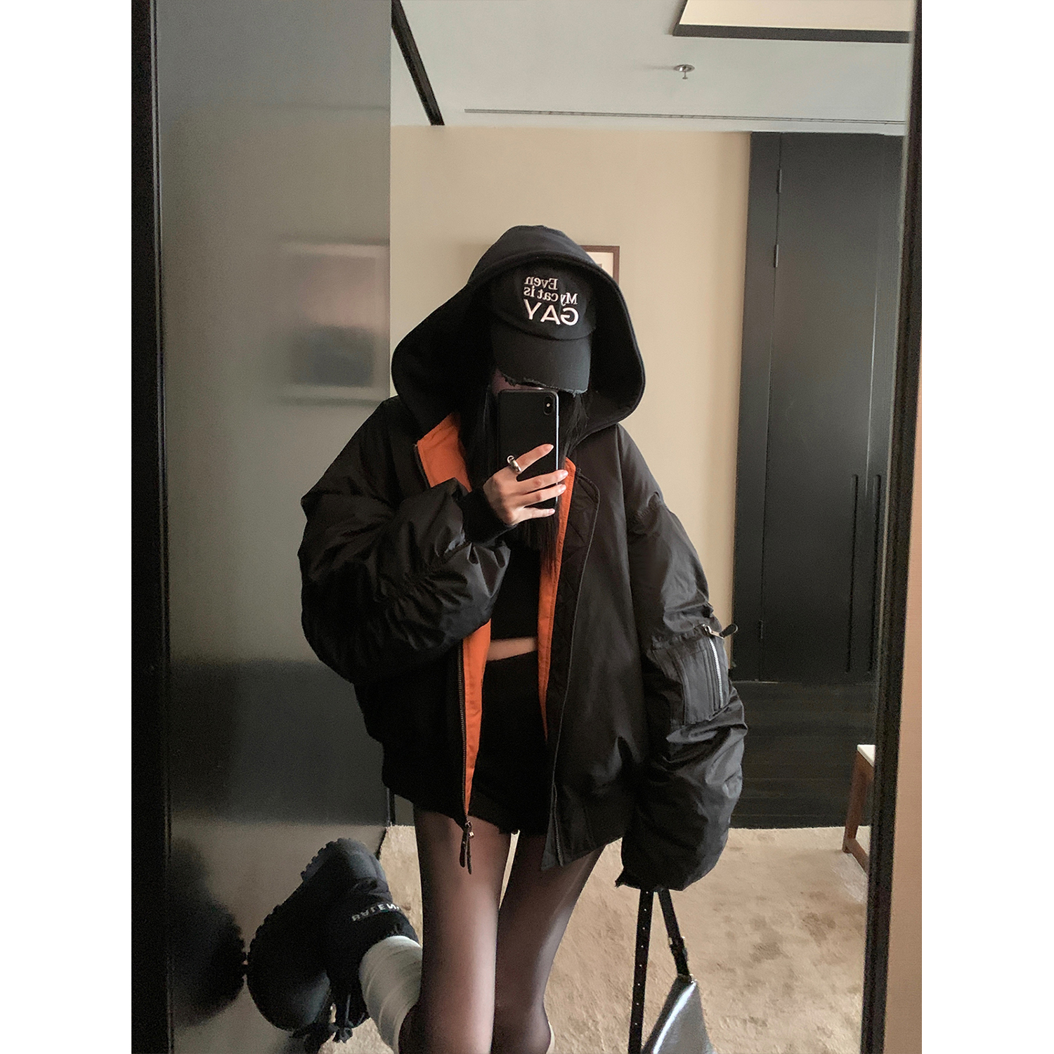 区区欧阳巴恩风 假日bomber 连帽羽绒服保暖美式飞行夹克90白鸭绒