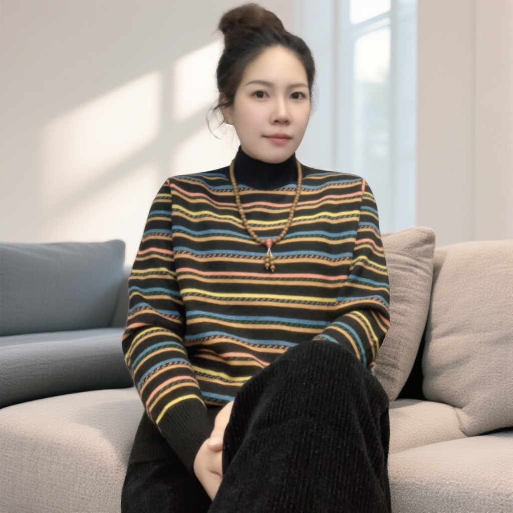 318-25款秋冬新款三齐毛羊绒混纺条纹立领细线打底套头毛衣