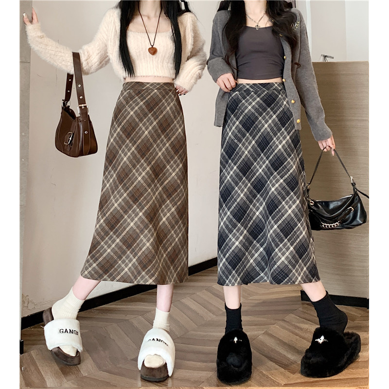 [秋冬百搭格子长裙/短裙]大码胖MM高腰显瘦半身裙A字毛呢裙女8077