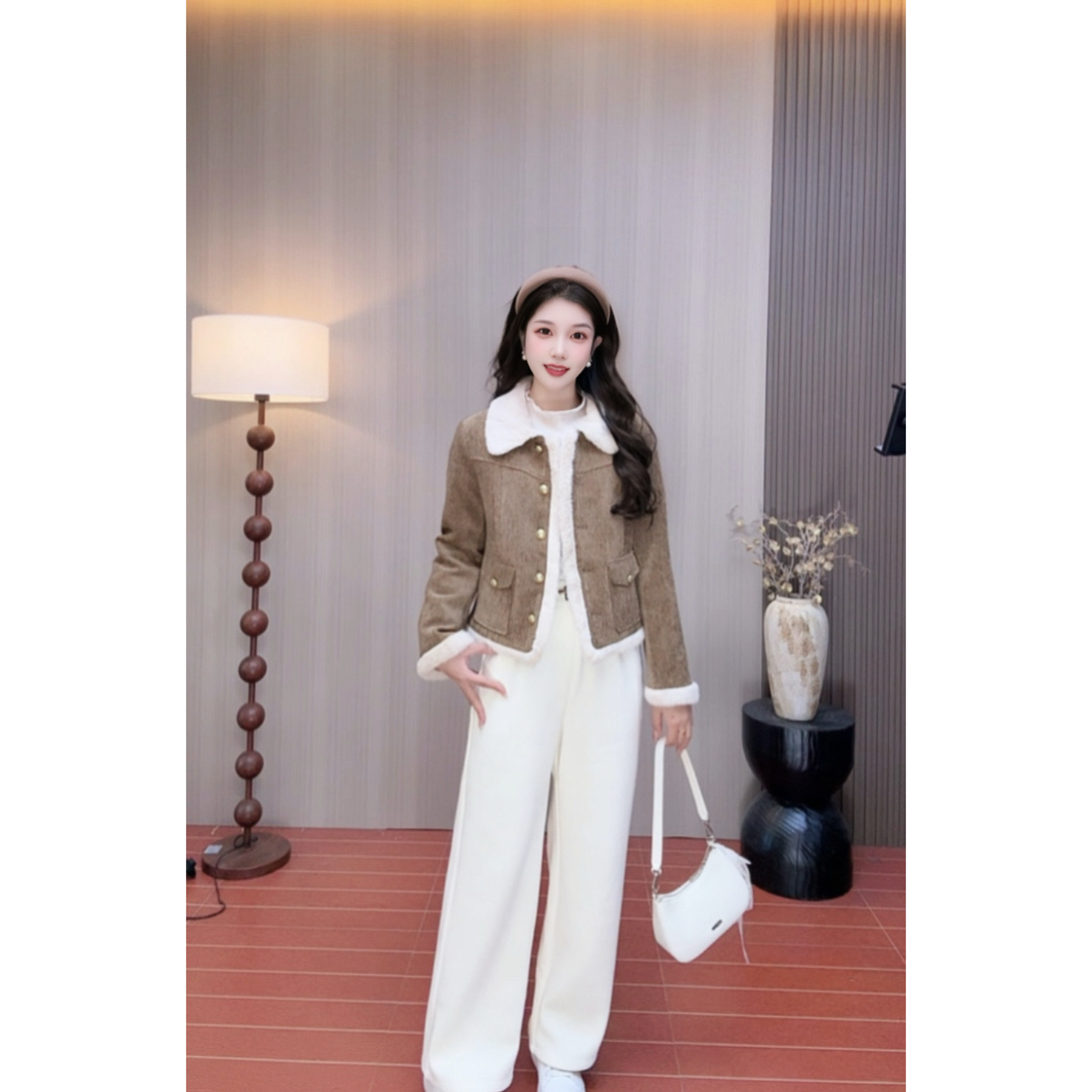 LiLi 复古简约风短外套女装2025冬季新款毛领夹克减龄时尚上衣