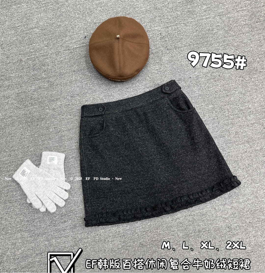 9755冬季韩系高腰显瘦百搭木耳边毛呢A字短裙
