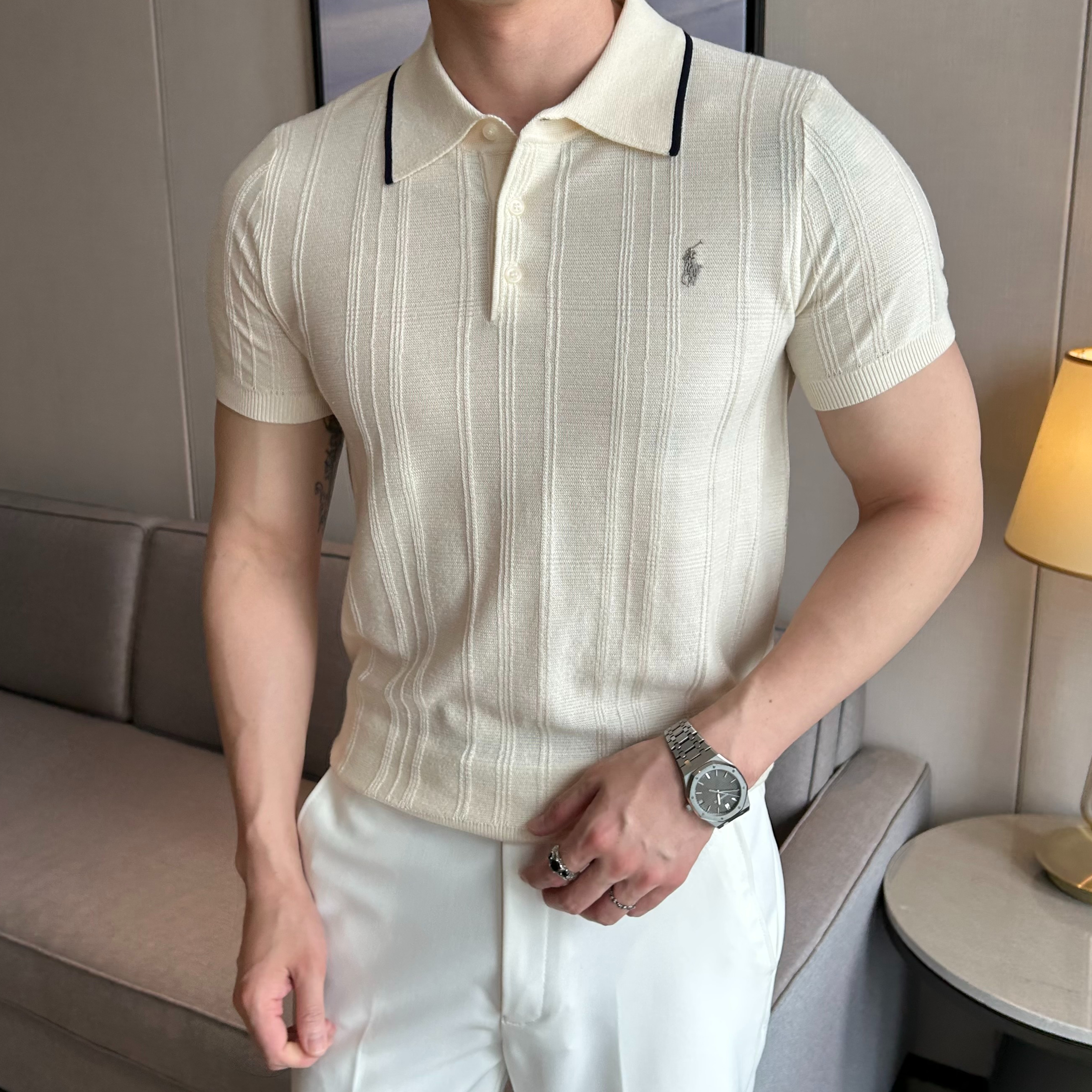 2025春秋新品首发超亲肤细腻冰丝莱赛尔男士提花polo领短袖翻领