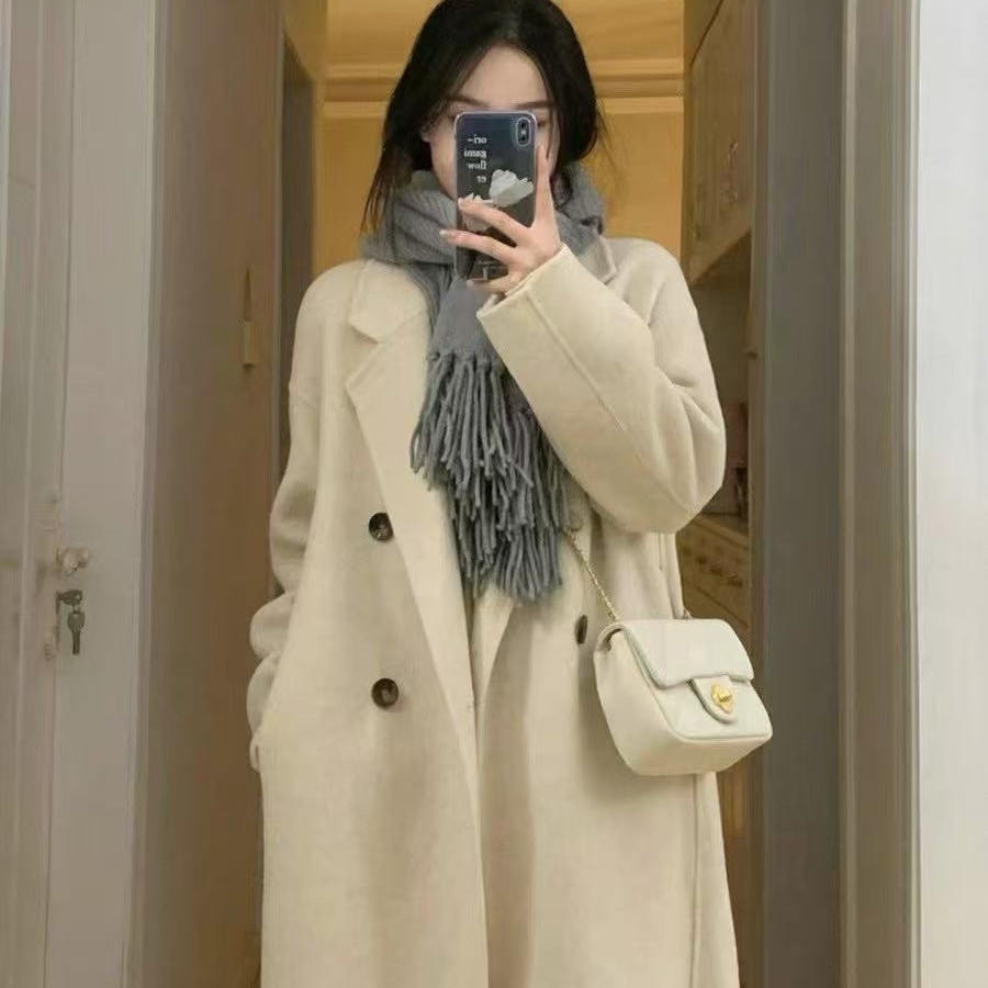 碳灰色双面中长款女式秋冬韩版宽松高级感毛呢大衣