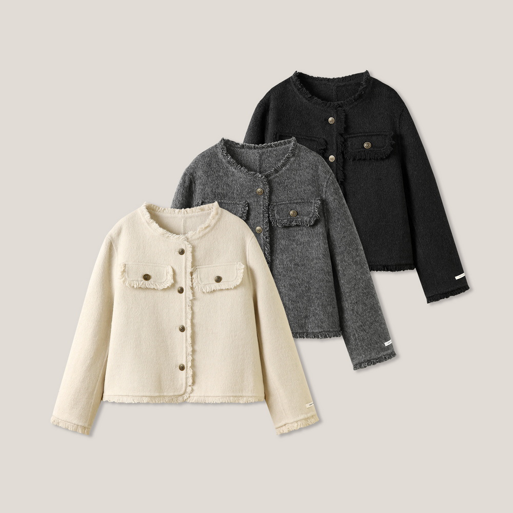 金属扣休闲百搭流苏毛呢长袖外套ss26475