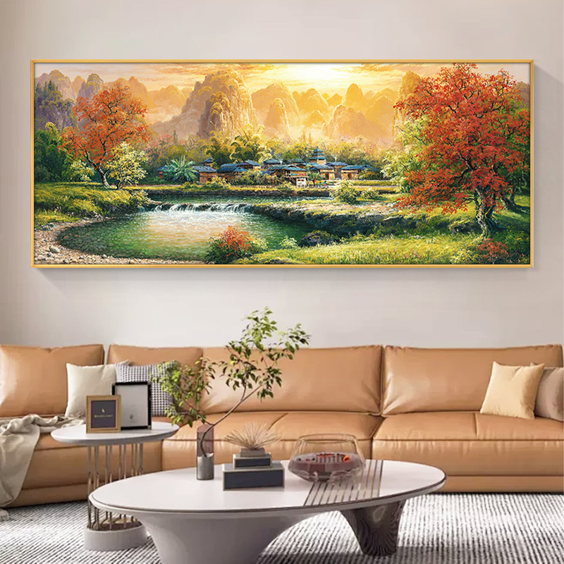 手绘油画桂林山水风景油画聚宝盆客厅背景墙挂画办公室现代装饰画