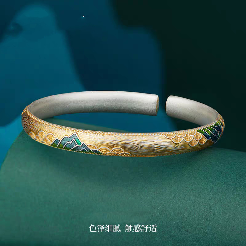 足银手镯 足银999.9 16 千里江山描金镯珐琅彩新中式手环