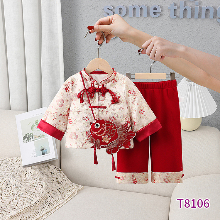 2024年秋季新款女童套装喜庆中式儿童年服生日礼服两件套