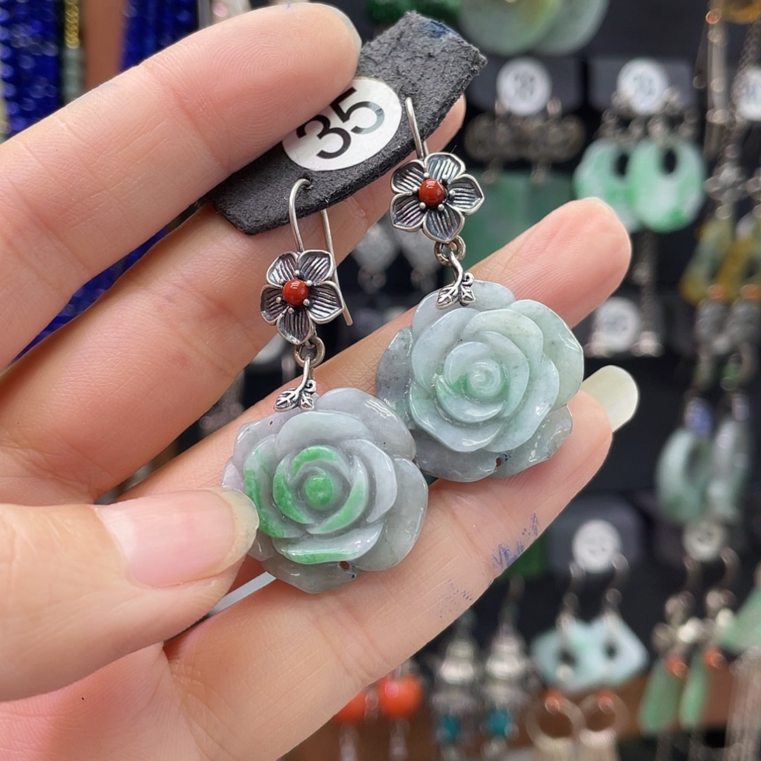 B***N翡翠银S925镶嵌耳饰574gbbh