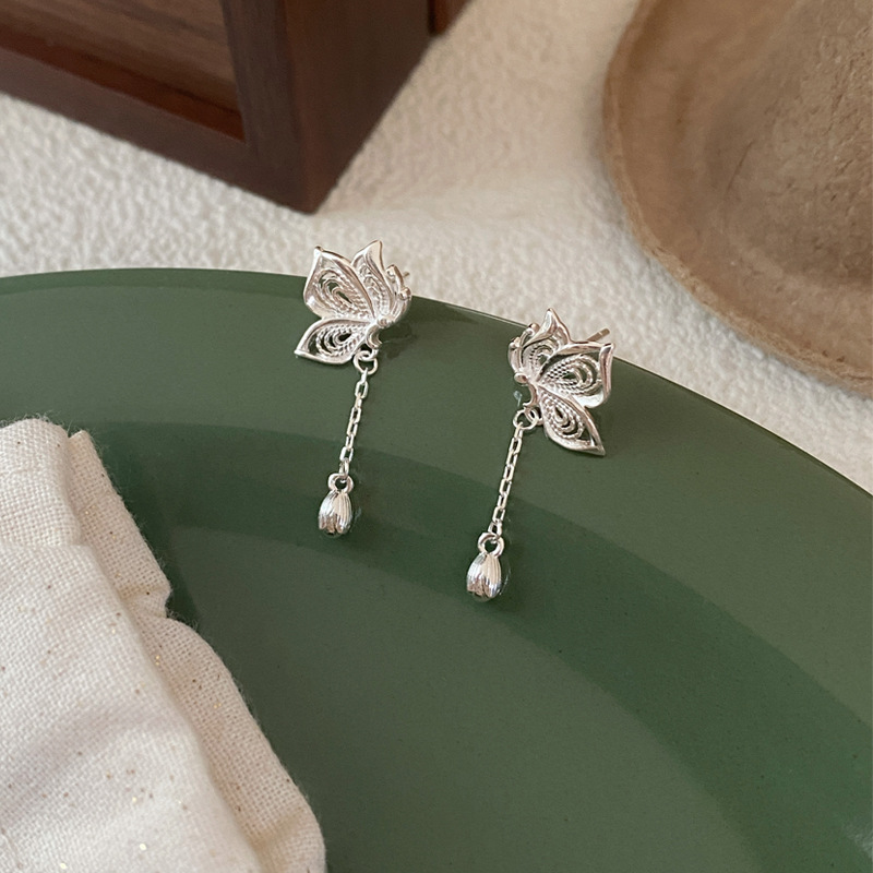 足银耳饰 999足银流苏镂空蝴蝶耳钉女新中式小众轻奢耳环气质耳饰