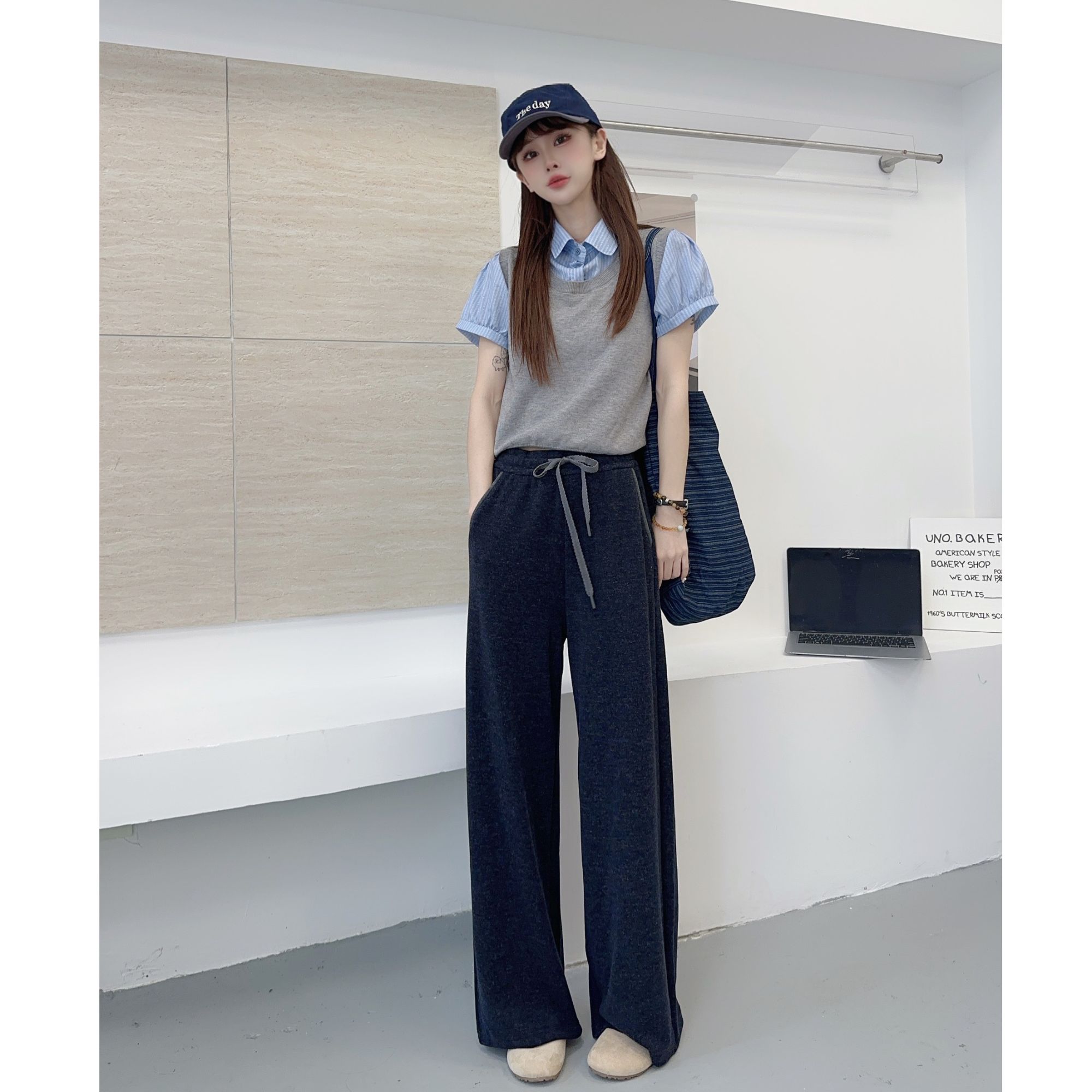 【一条过冬兔毛绒】加绒款~秋冬季慵懒风窄版高腰显瘦百搭阔腿裤子