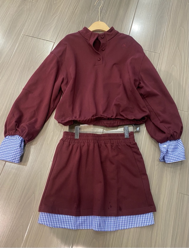 时尚假两件泡泡袖卫衣格子半身裙套装女