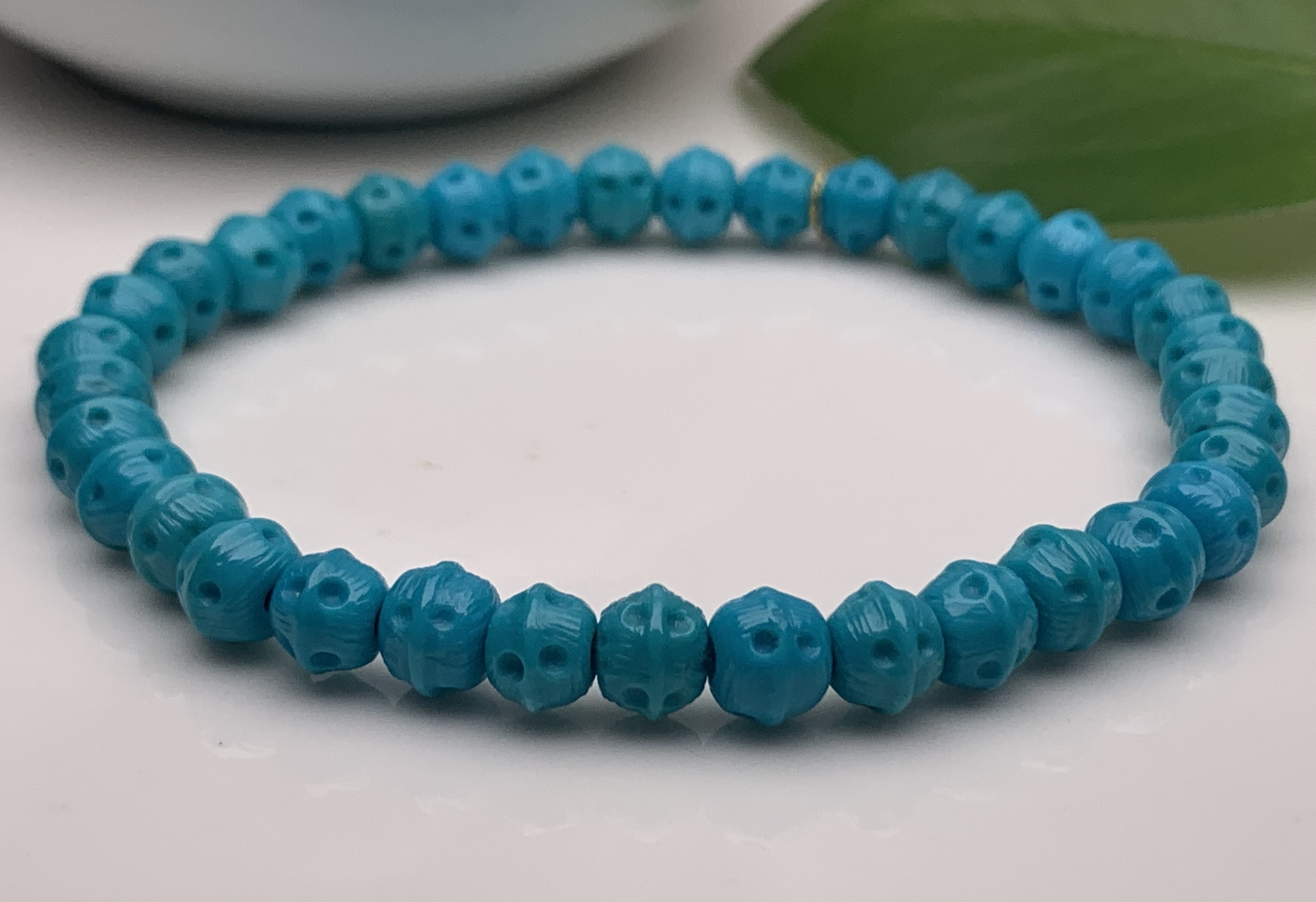 湖北原矿绿松石玉化蓝柏香手串，尺寸6.3mm