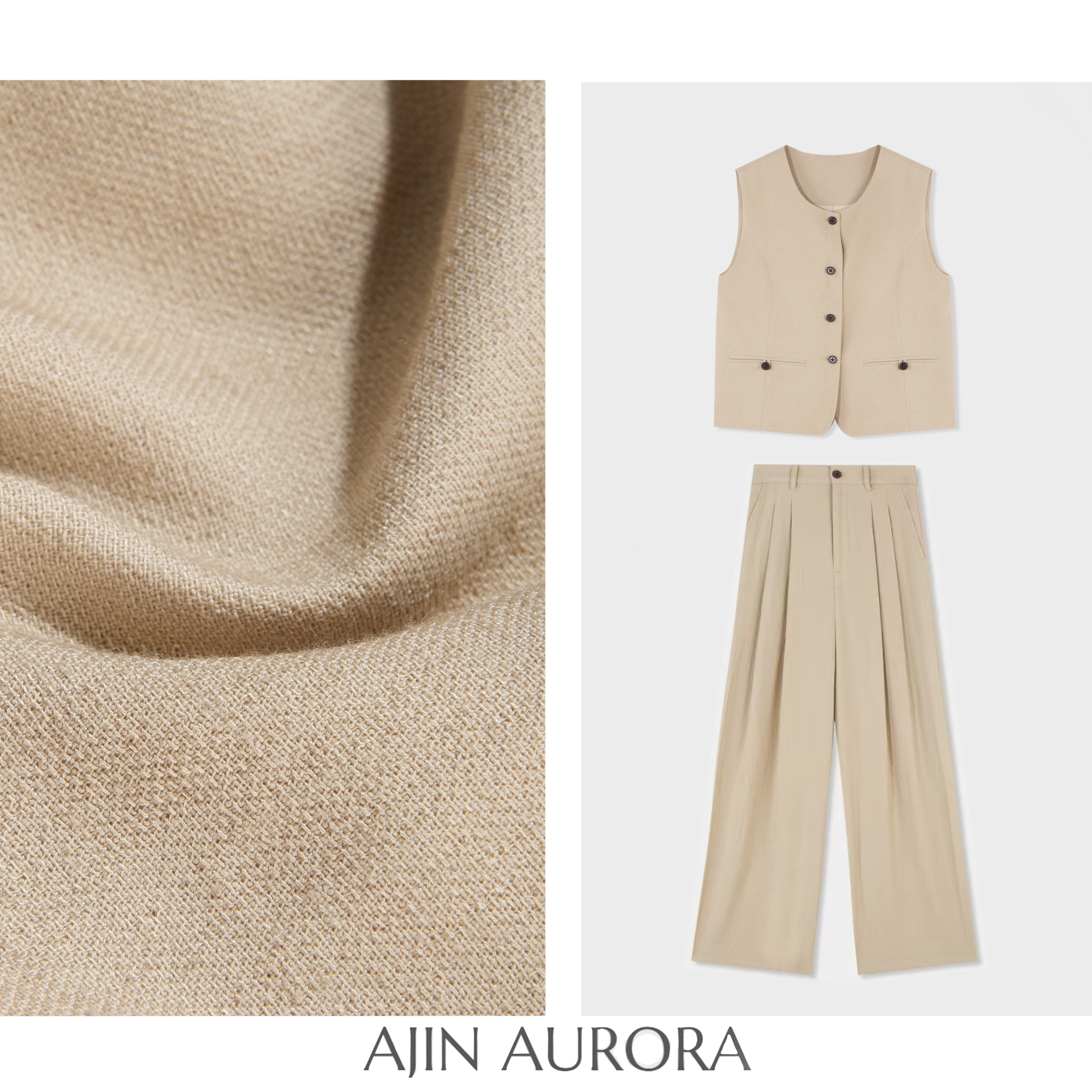 【入画江南】韩版简约小香风卡其色马甲上衣阔腿裤两件套装